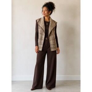 Yaira Taupe Plaid Draped Collar Chic Sweater Vest Open Front Pockets Size M NWT